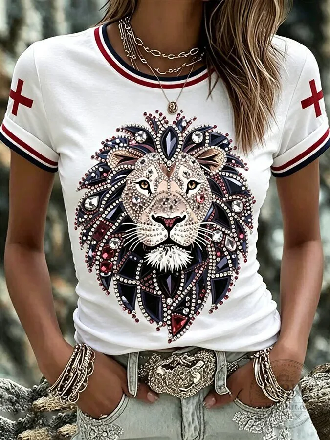 Women's England Football Embellished Lion Crew Neck T-Shirt