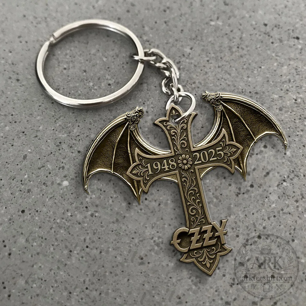 Ozzy Osbourne Bat Wing Cross Tribute Memorial Keychain