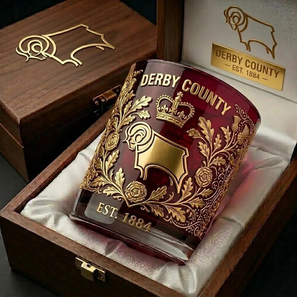 Derby County Football Club Gold Emblem Whiskey Glass with Wooden Gift Box