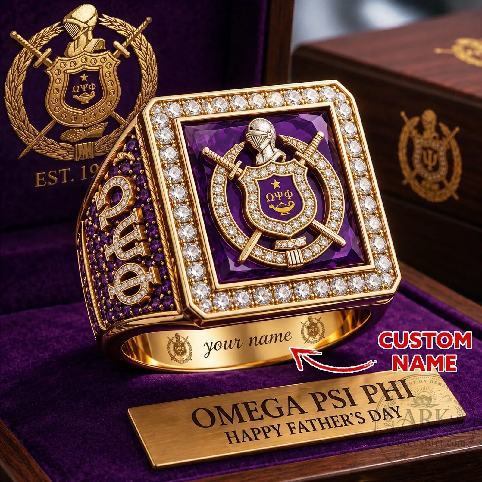 Omega Psi Phi Fraternity Gold Plated Custom Name Ring with Purple Gemstone
