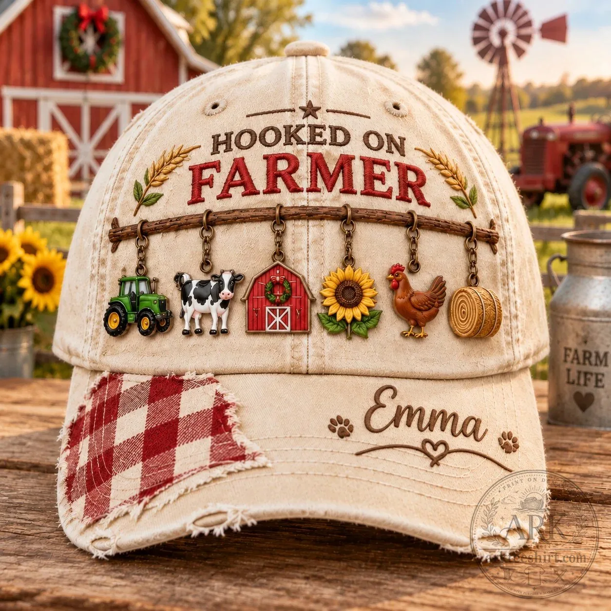 Hooked On Farmer Personalized Distressed Cap Hat with Farm Charms