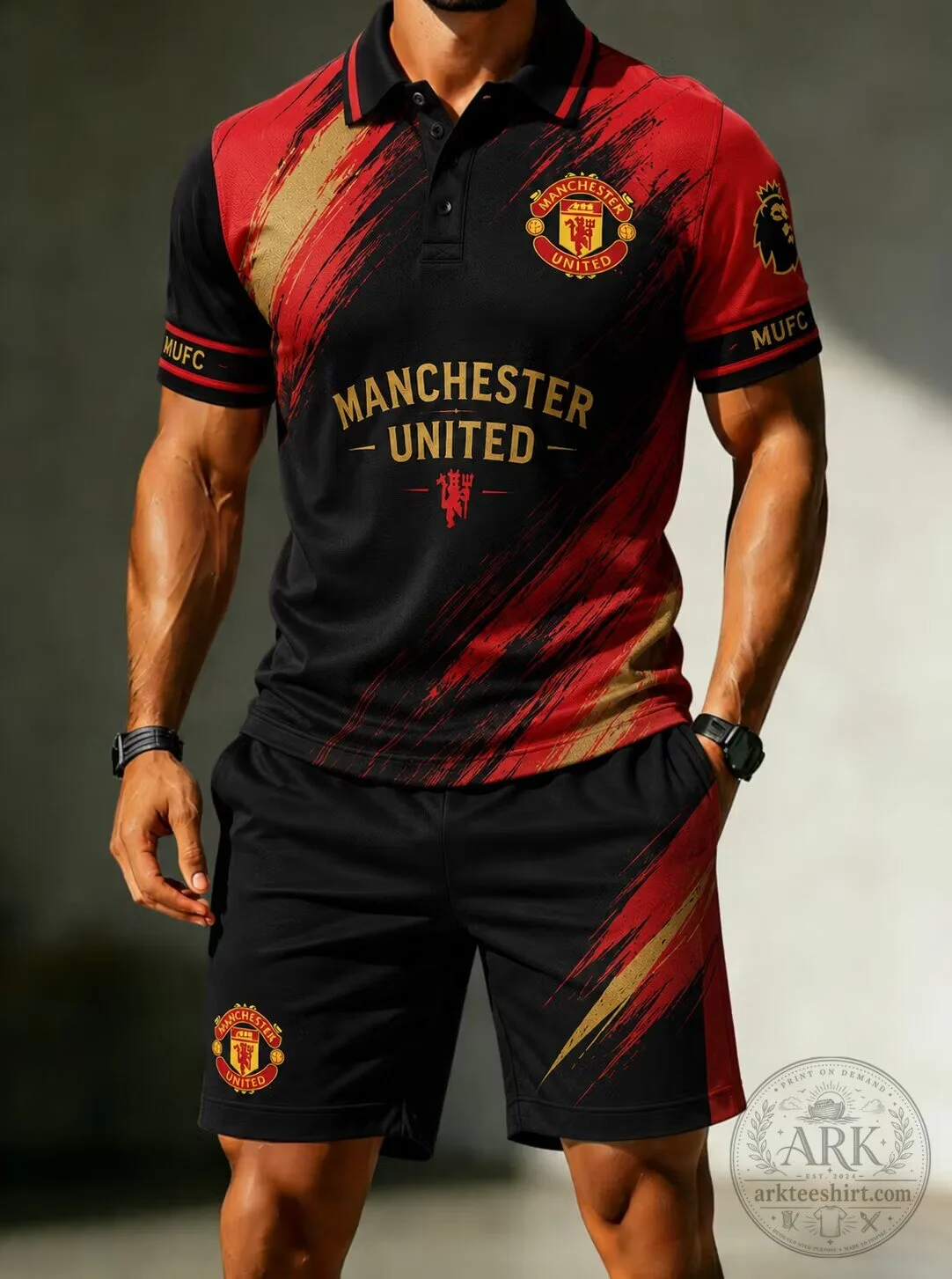 Manchester United Football Club Red and Black Polo Shirt and Shorts Set