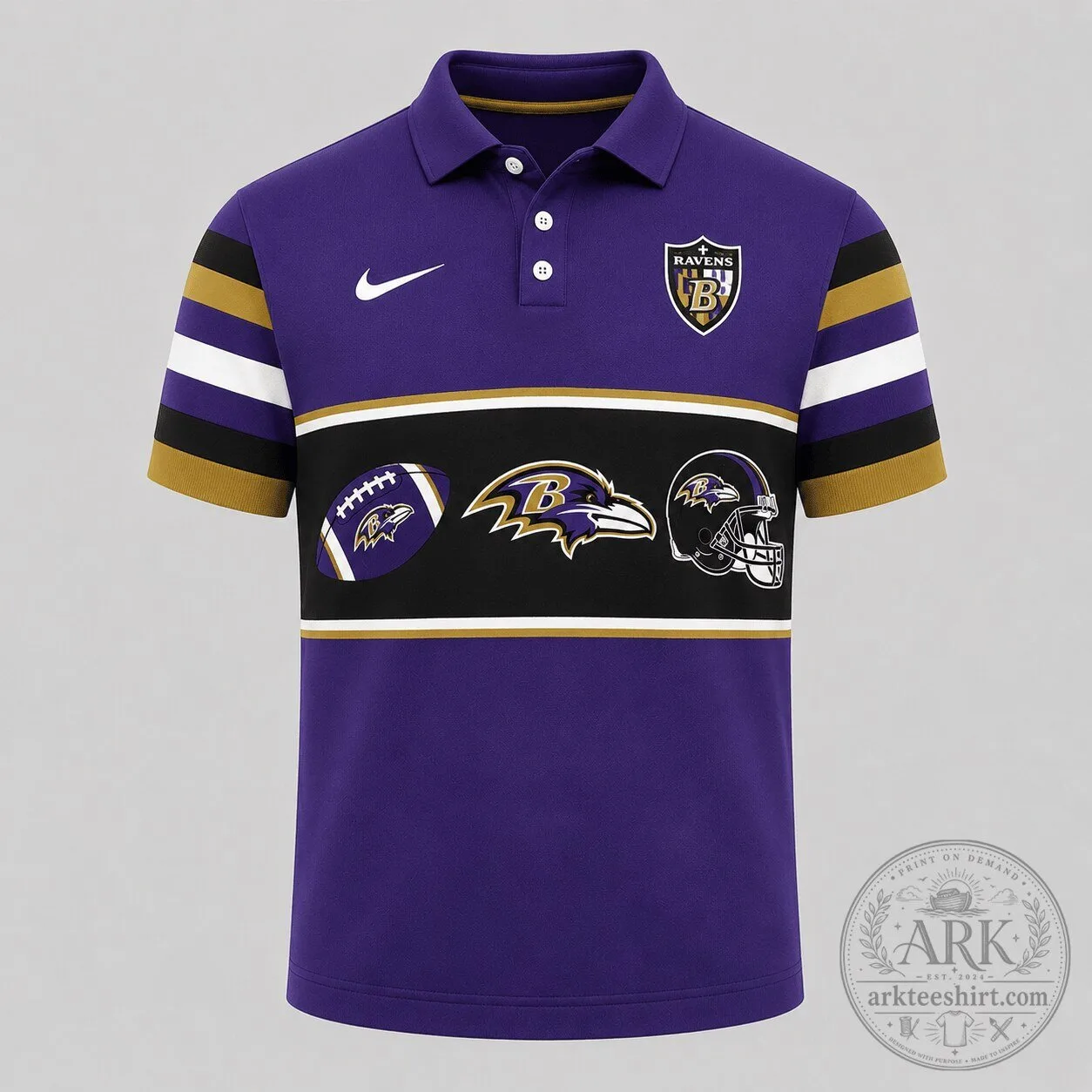 Baltimore Ravens NFL Football Team Purple Gold White Black Striped Polo Shirt