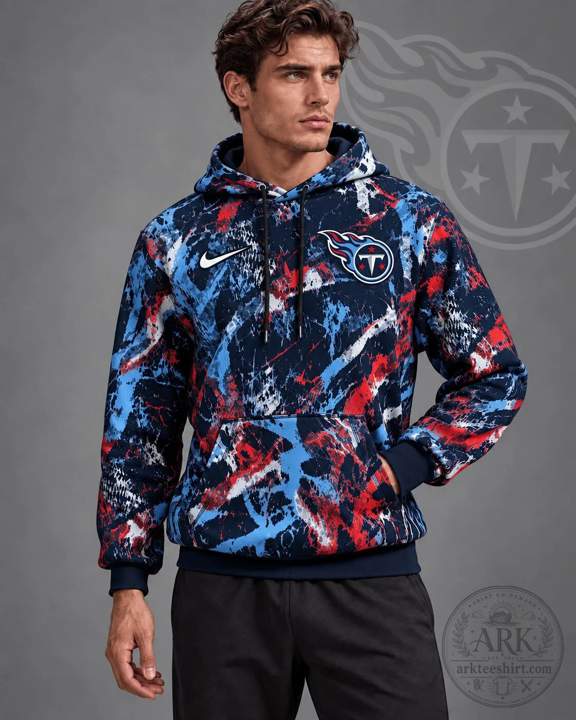 Tennessee Titans National Football League Team Crest Distressed Brush Camouflage Pullover Hoodie