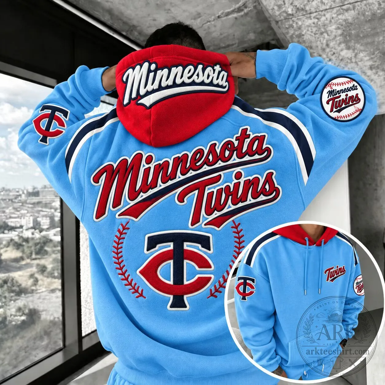 Minnesota Twins Baseball Team Light Blue Full Zip Hoodie with Red Hood