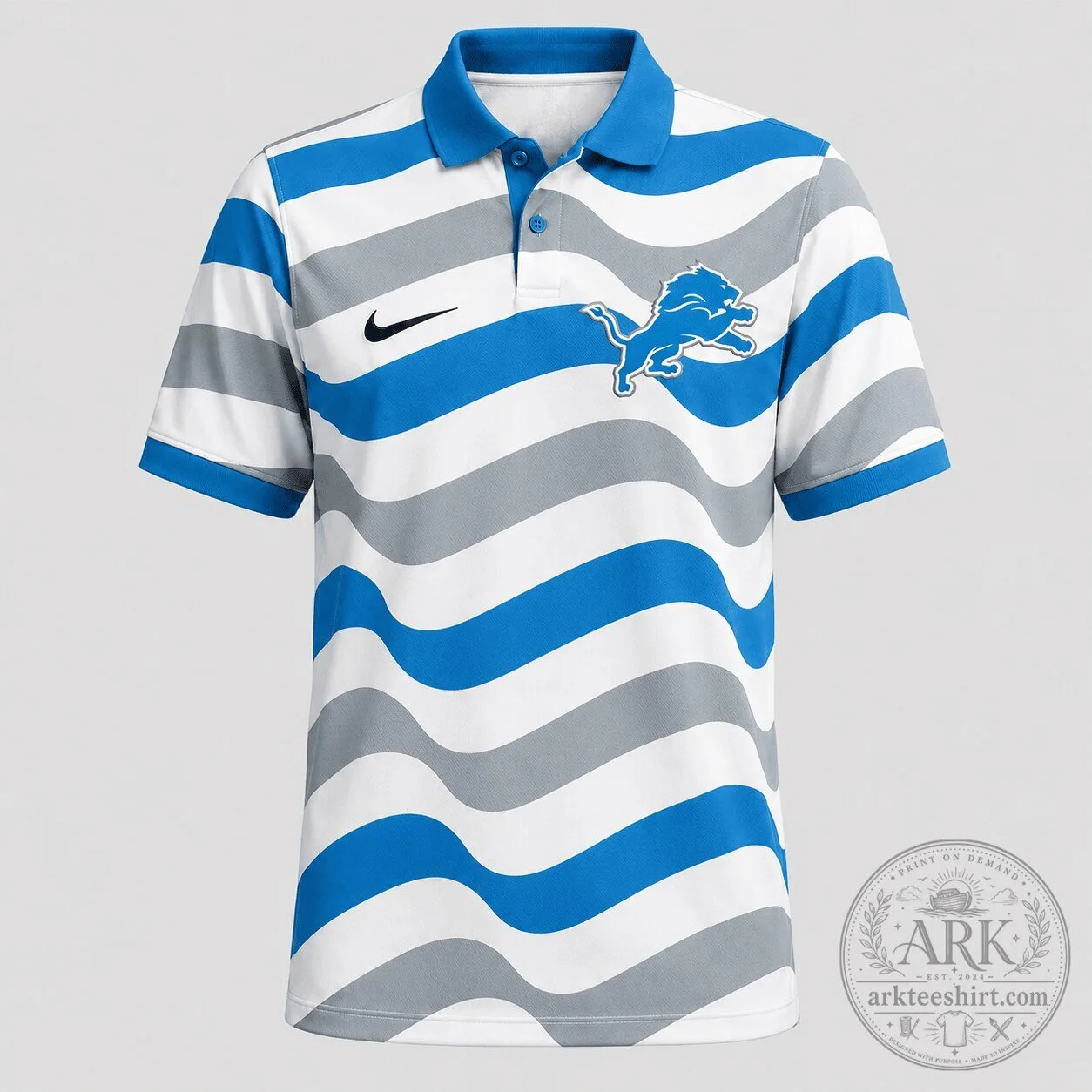 Detroit Lions Wavy Stripe Blue Gray White Polo Shirt