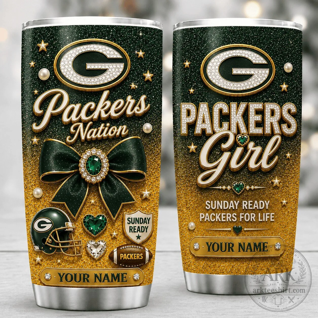 Green Bay Packers Personalized Glitter Gold Football Team Tumbler