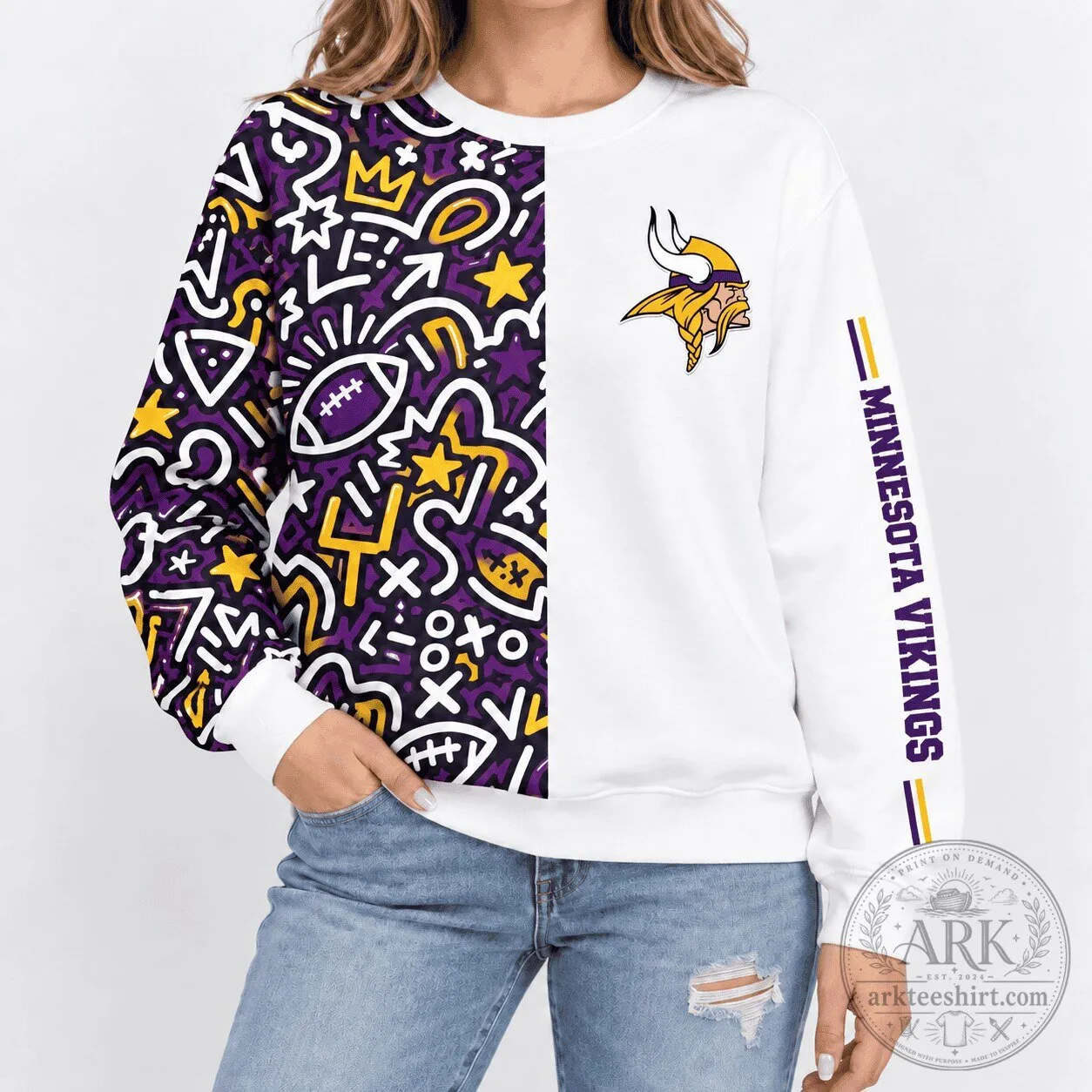 Minnesota Vikings NFL Pop Art Doodle Pattern White Crewneck Sweatshirt