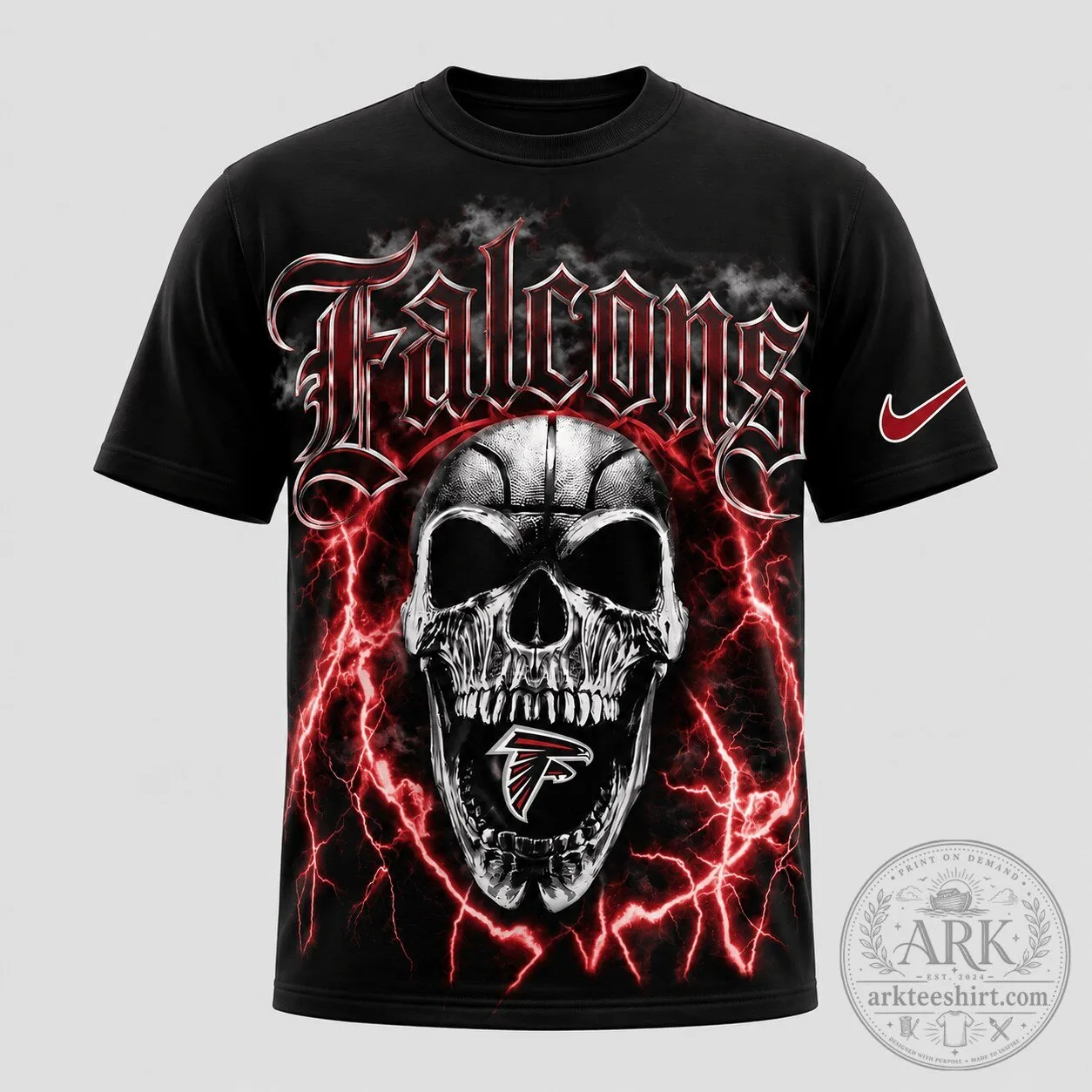 Atlanta Falcons Skull Lightning Graphic Black Sports Fan T-Shirt