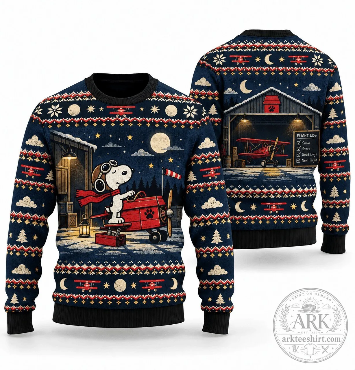 Snoopy Red Baron Midnight Hangar Christmas Holiday Ugly Sweater