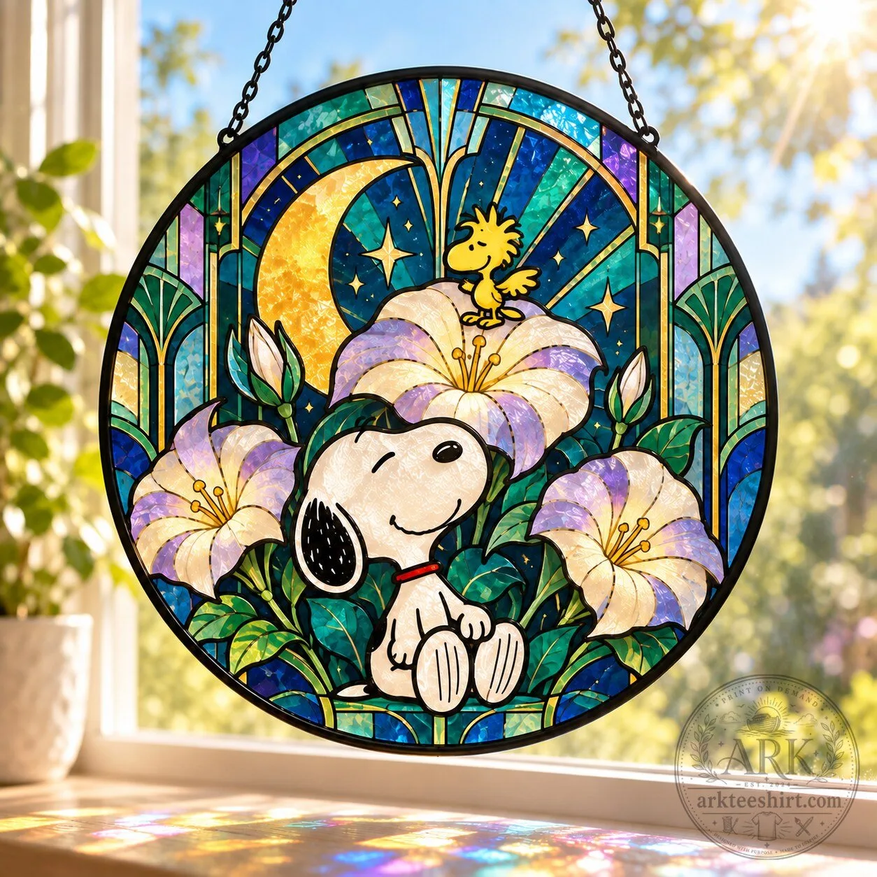 Snoopy and Woodstock Moonlit Lily Garden Stained Glass Suncatcher
