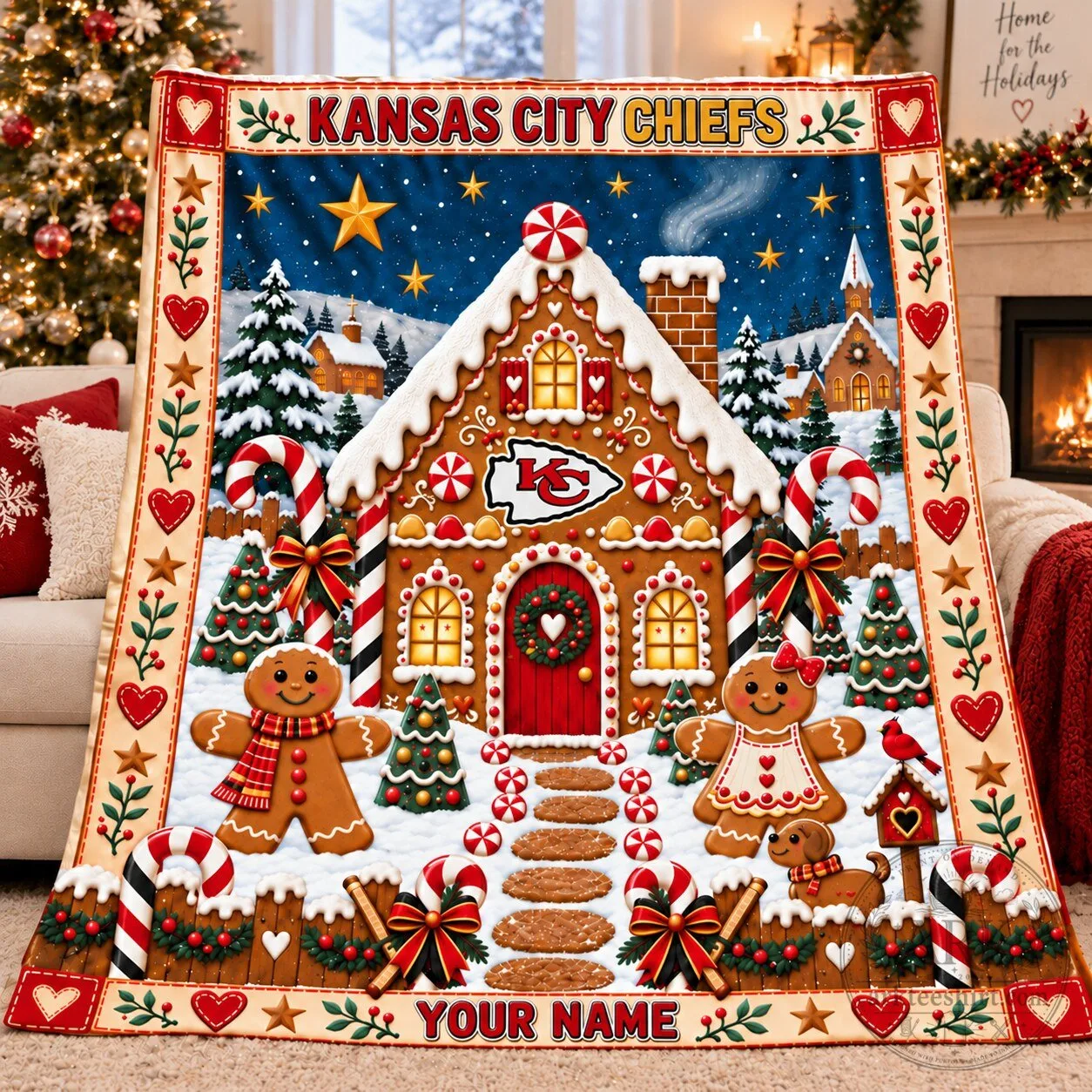 Kansas City Chiefs Gingerbread House Christmas Holiday Blanket