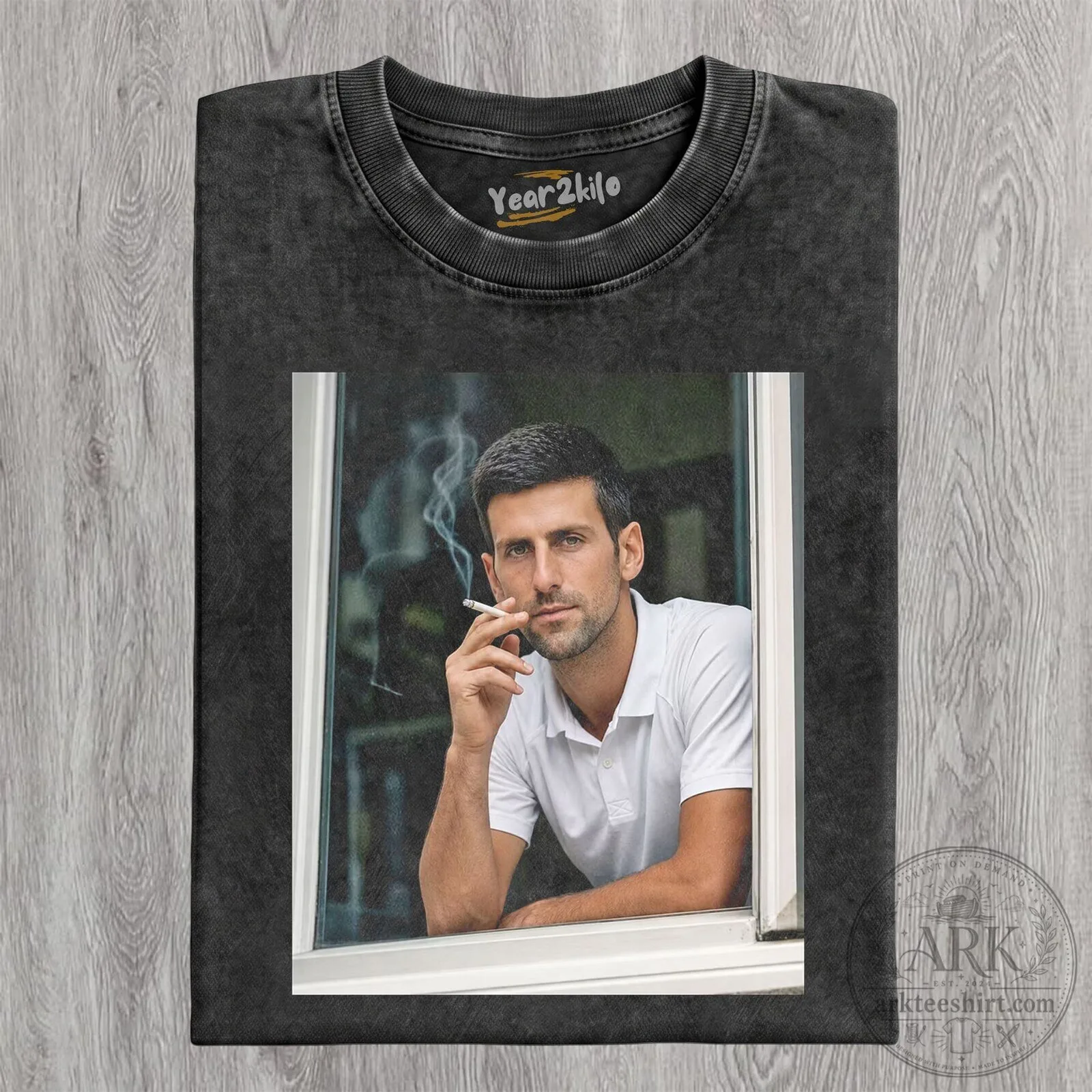 Novak Djokovic Smoking Portrait Washed Black T-Shirt