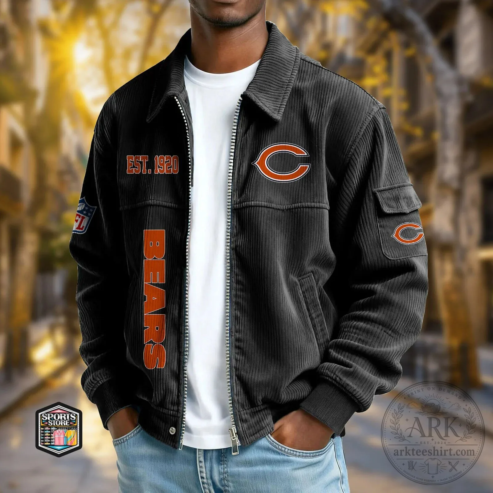 Chicago Bears Corduroy Bomber Jacket with Embroidered Team Logo