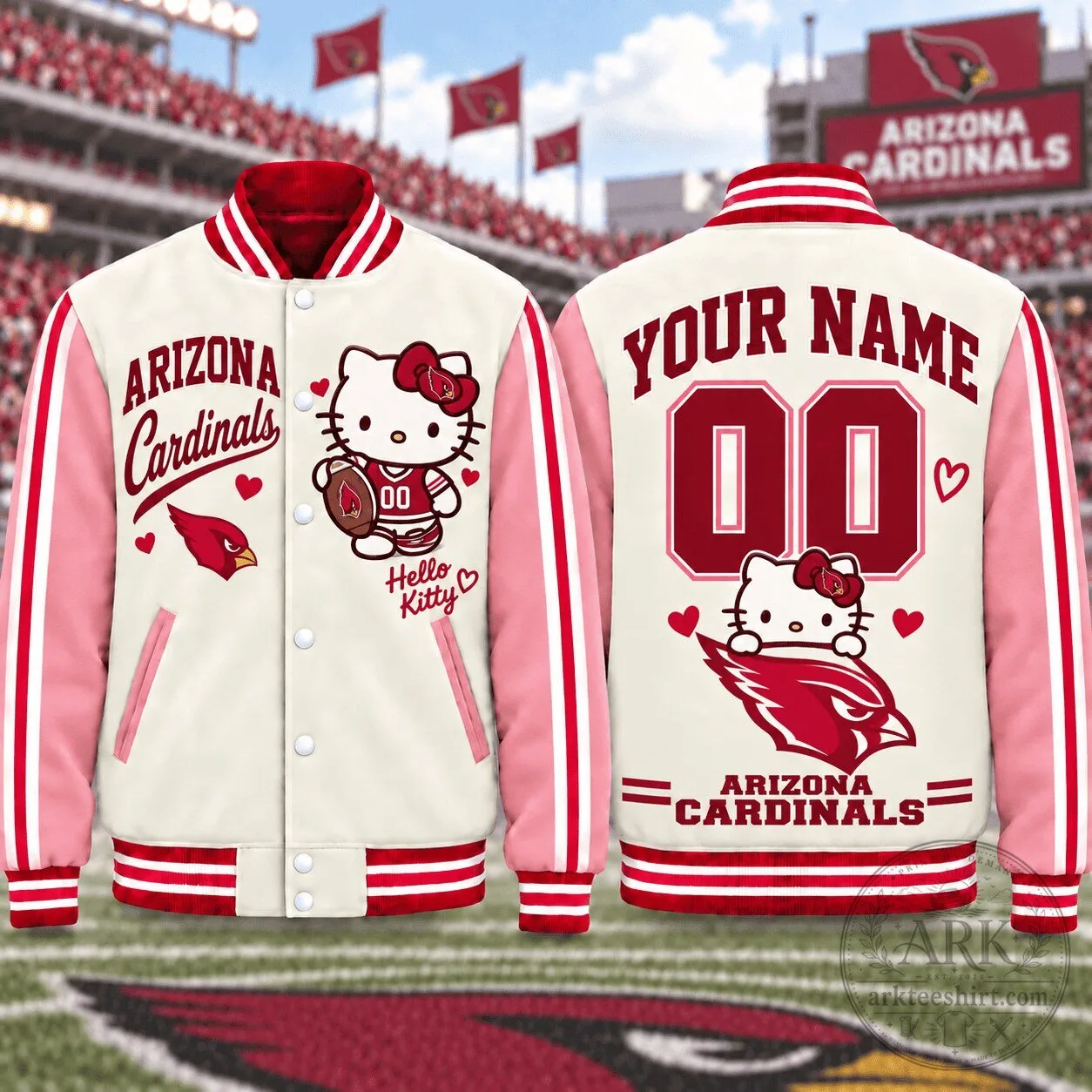 Arizona Cardinals Hello Kitty Personalized Name and Number Varsity Jacket