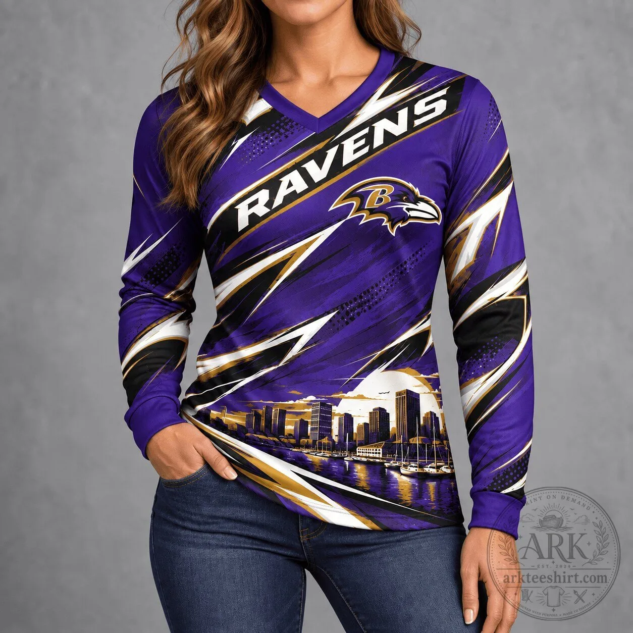 Baltimore Ravens Football Team City Horizon Long-Sleeve V-Neck Shirt