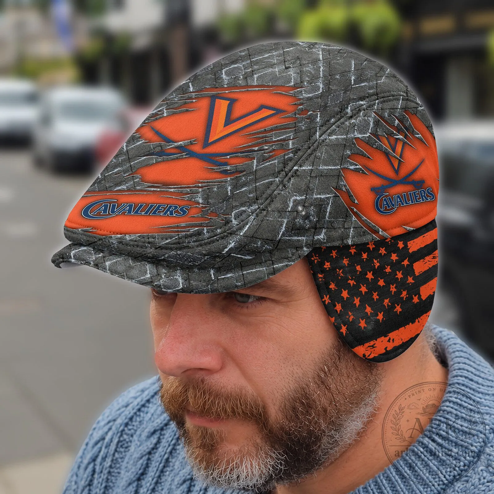 Virginia Cavaliers NCAA Flat Cap with Foldable Ear Flaps and American Flag