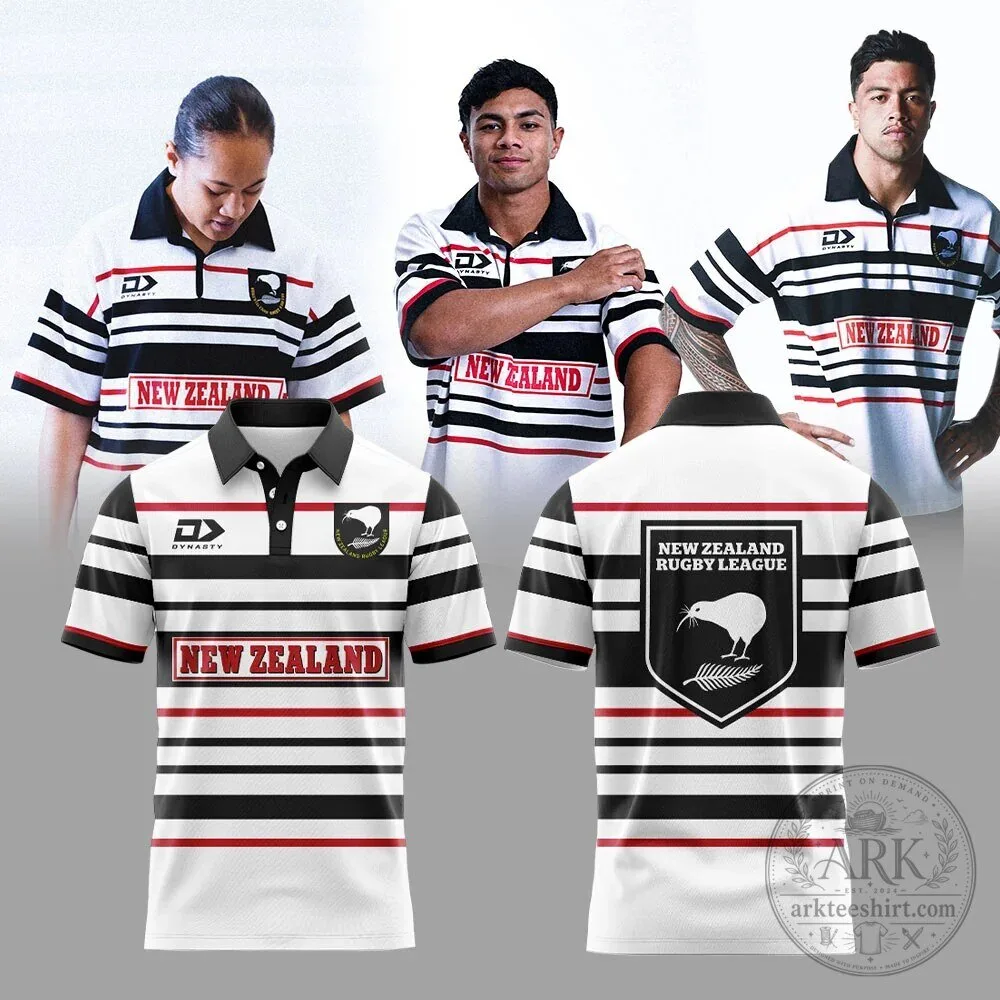 New Zealand Rugby League Kiwis Retro 1996 1997 Black White Striped Polo Shirt