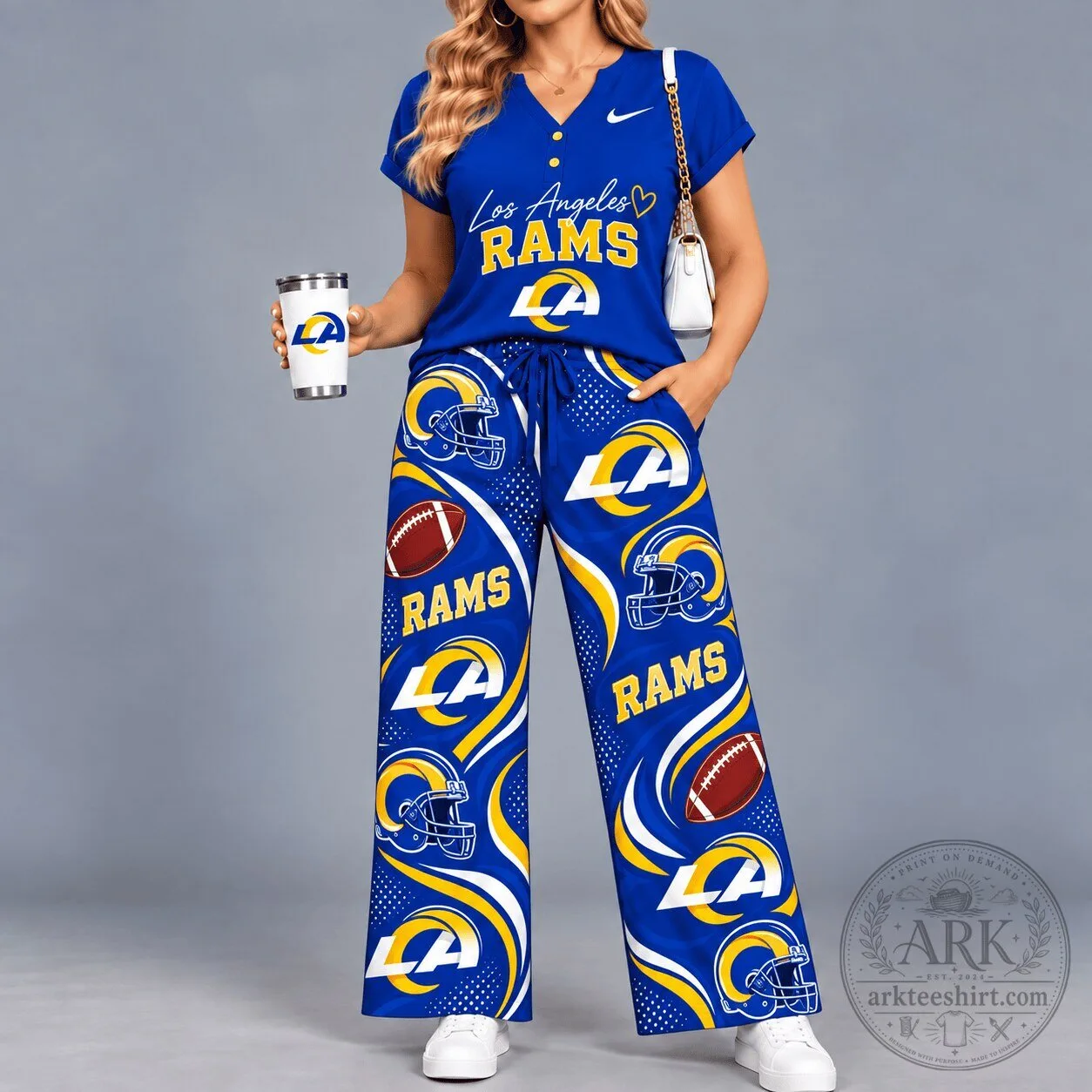 Los Angeles Rams Football Team Women's V-Neck Top and Wide Leg Pants Set