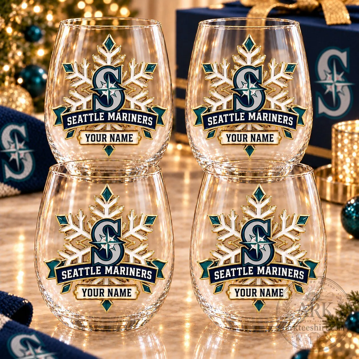Seattle Mariners Personalized Snowflake Stemless Wine Glass Set of Four