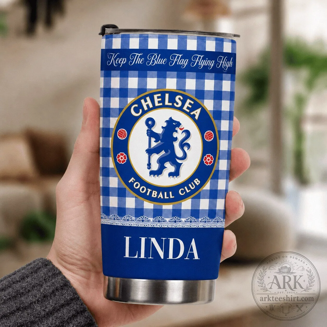 Chelsea Football Club Personalized Gingham Pattern Stainless Steel Tumbler