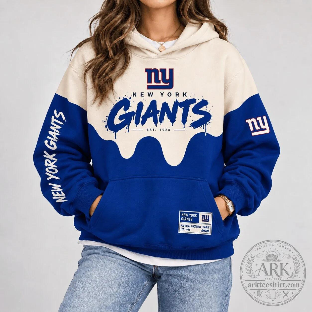 New York Giants National Football League Paint Splatter Cream and Blue Hoodie