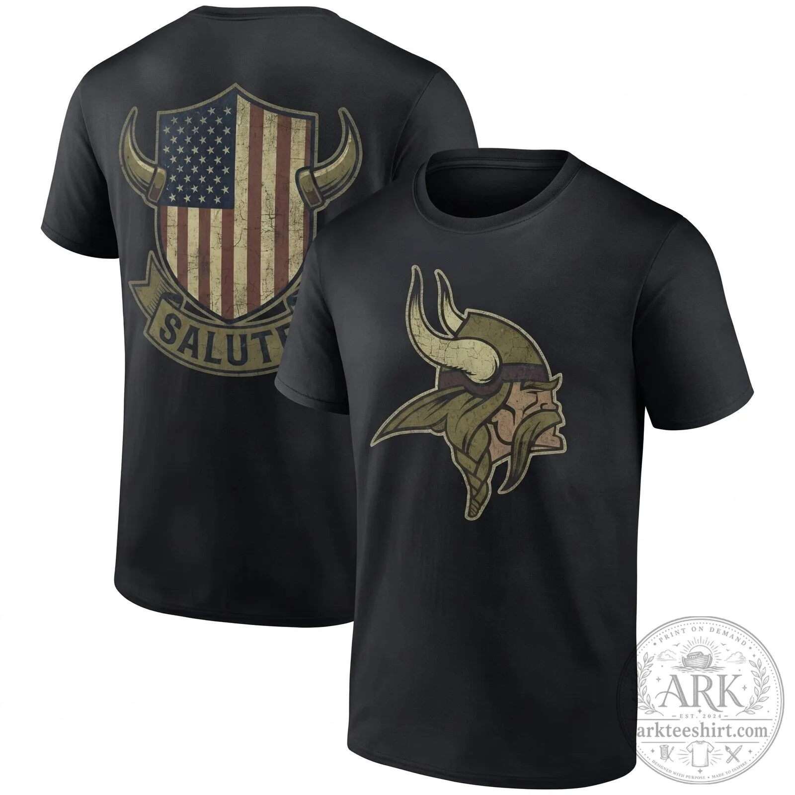 Distressed Black T-Shirt Featuring American Flag for Minnesota Vikings Salute To Service