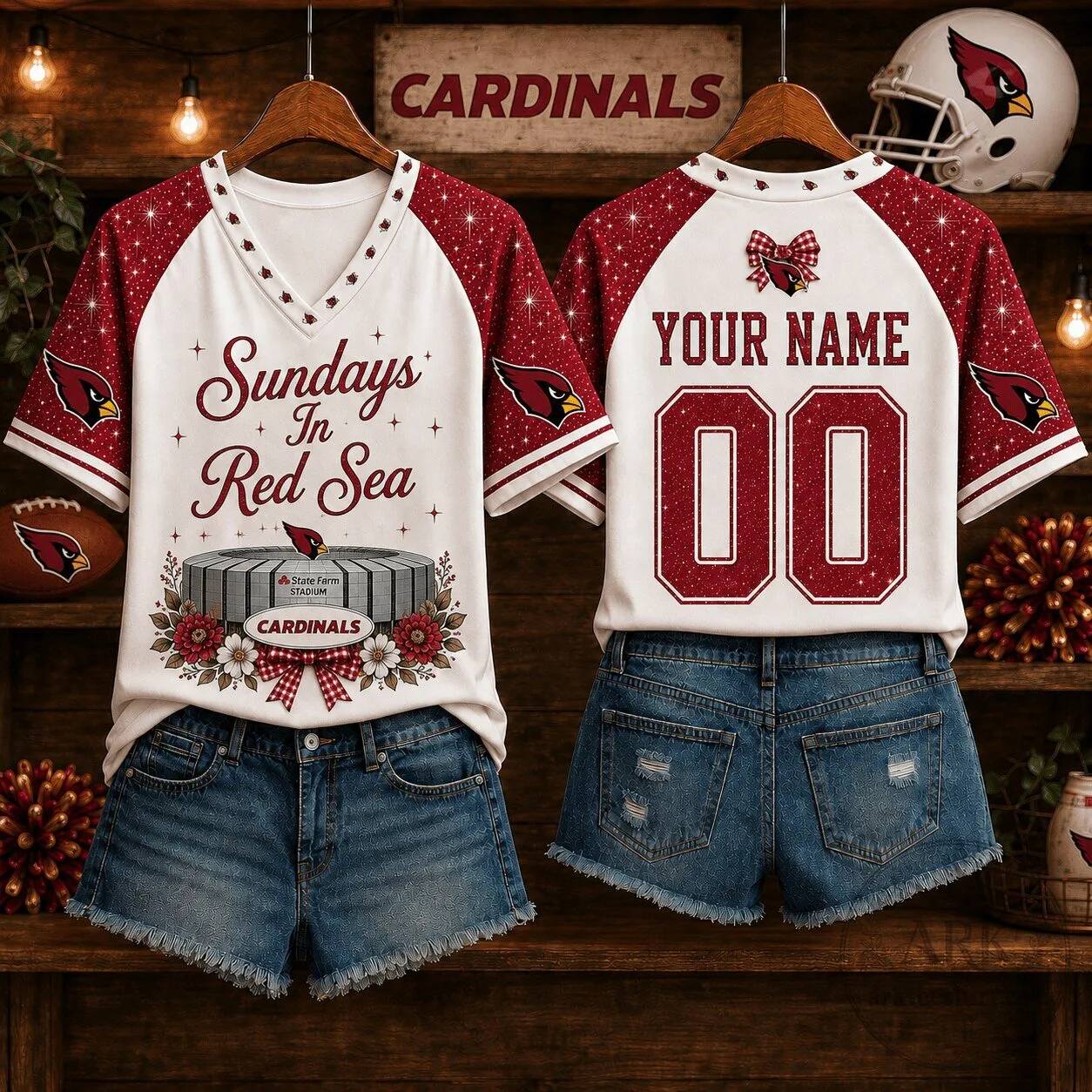 Arizona Cardinals Fan Shirt Personalized Sundays In Red Sea V-Neck T-Shirt