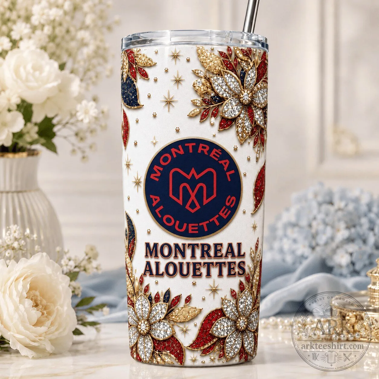Montreal Alouettes Canadian Football League Floral Pattern Tumbler