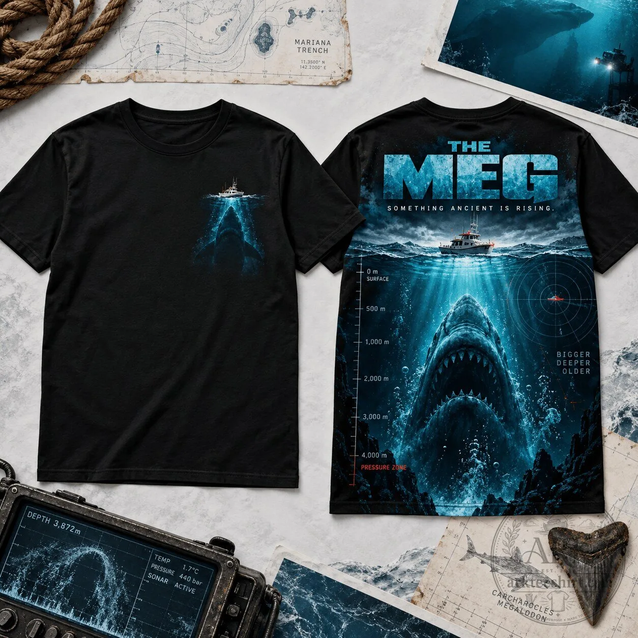 The Meg Something Ancient Is Rising Megalodon Shark Movie Black T-Shirt