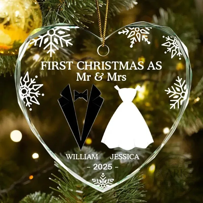 Personalized Heart-Shaped Glass Ornament for Your First Christmas as Mr. and Mrs.