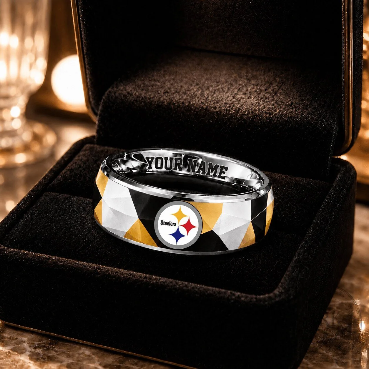 Pittsburgh Steelers NFL Custom Name Geometric Pattern Stainless Steel Ring
