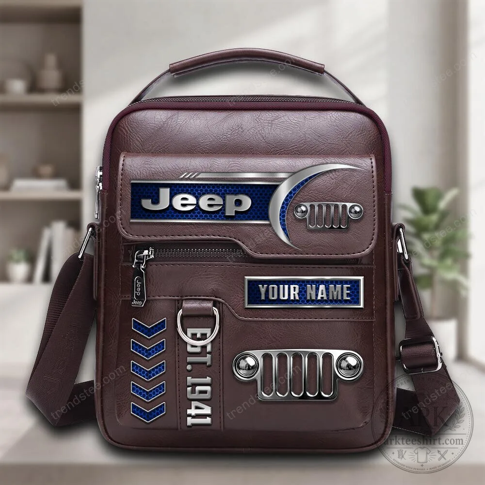 Jeep Brand Logo Personalized Brown Leather Shoulder Bag