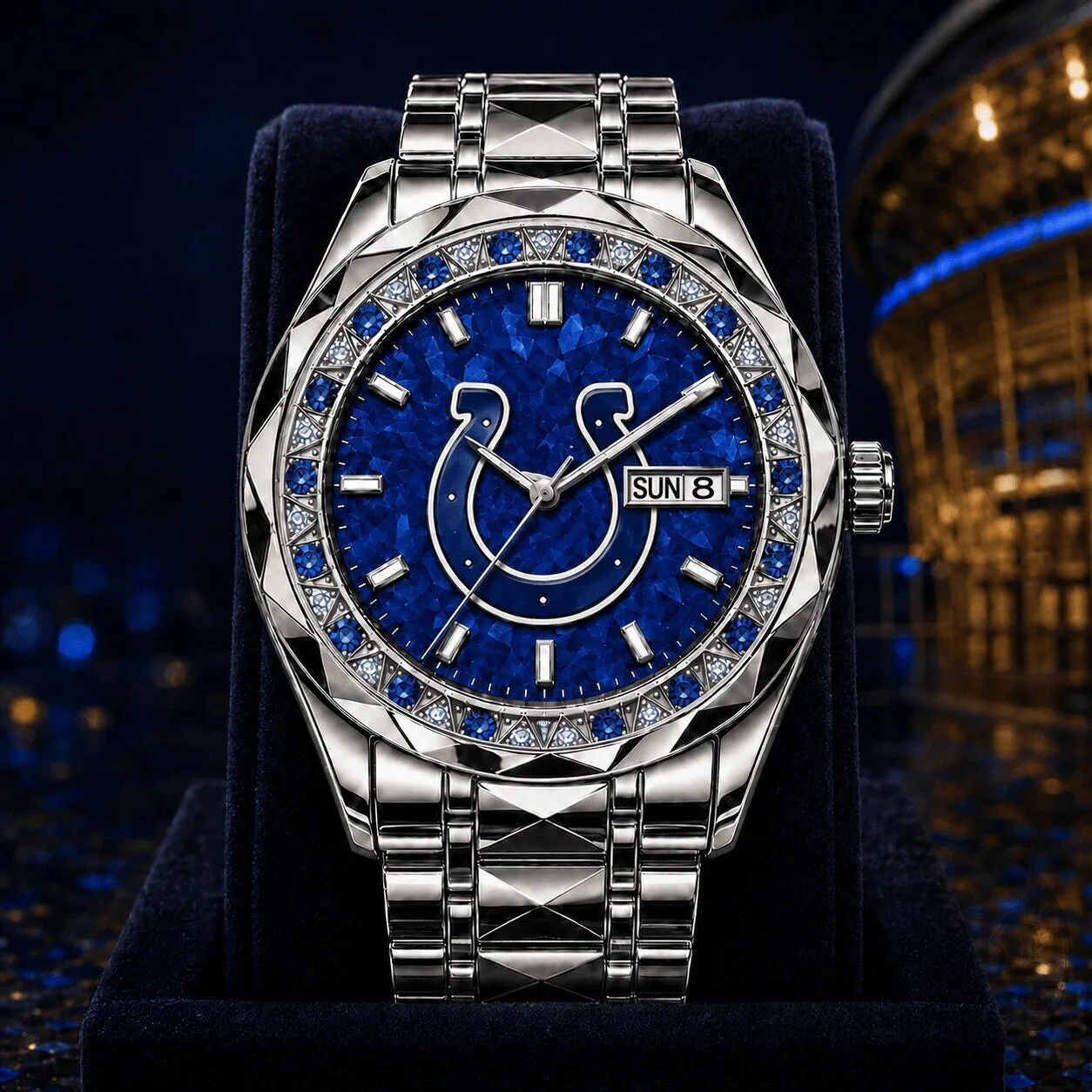 Indianapolis Colts NFL Football Team Logo Blue Crystal Bezel Men's Watch