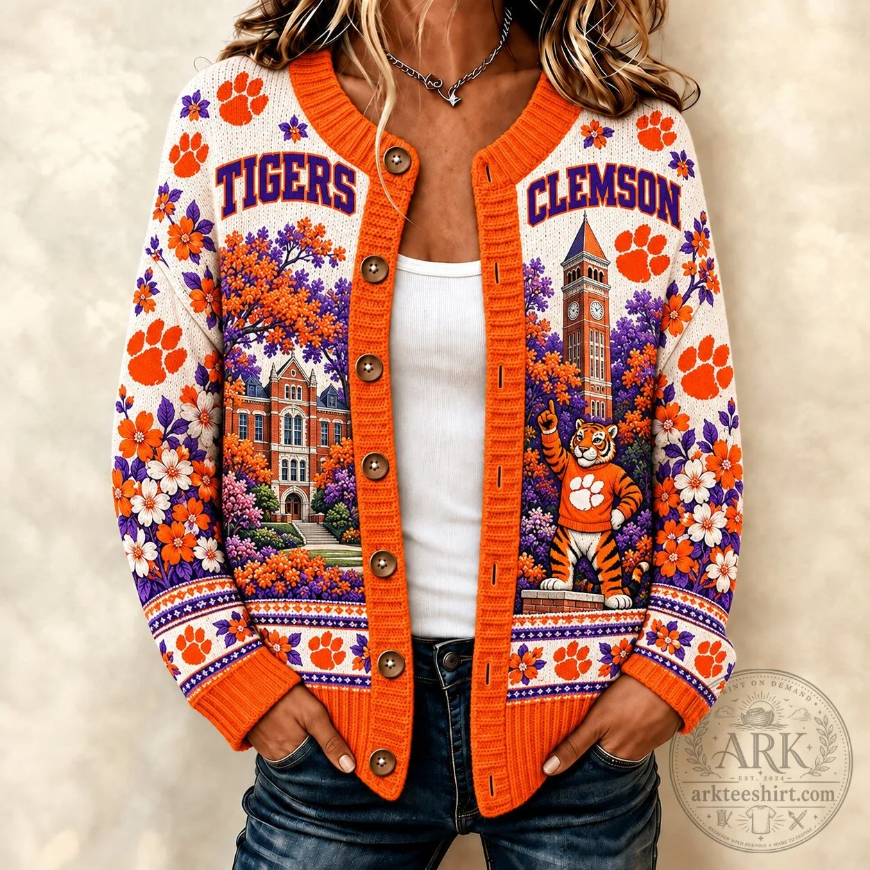 Clemson Tigers Football Team Heritage Floral Cardigan Sweater