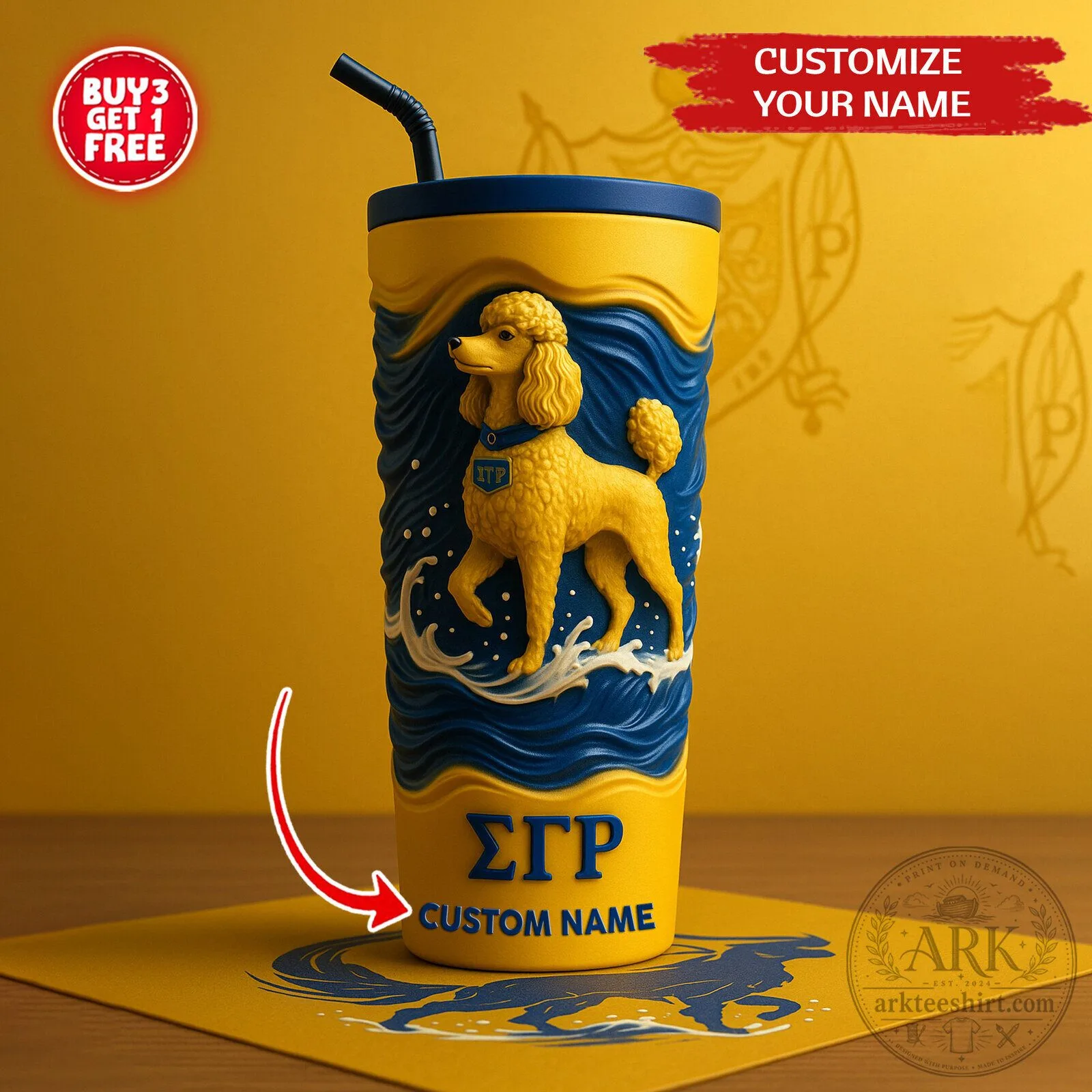 Sigma Gamma Rho Sorority Yellow Poodle Waves Pattern Insulated Tumbler