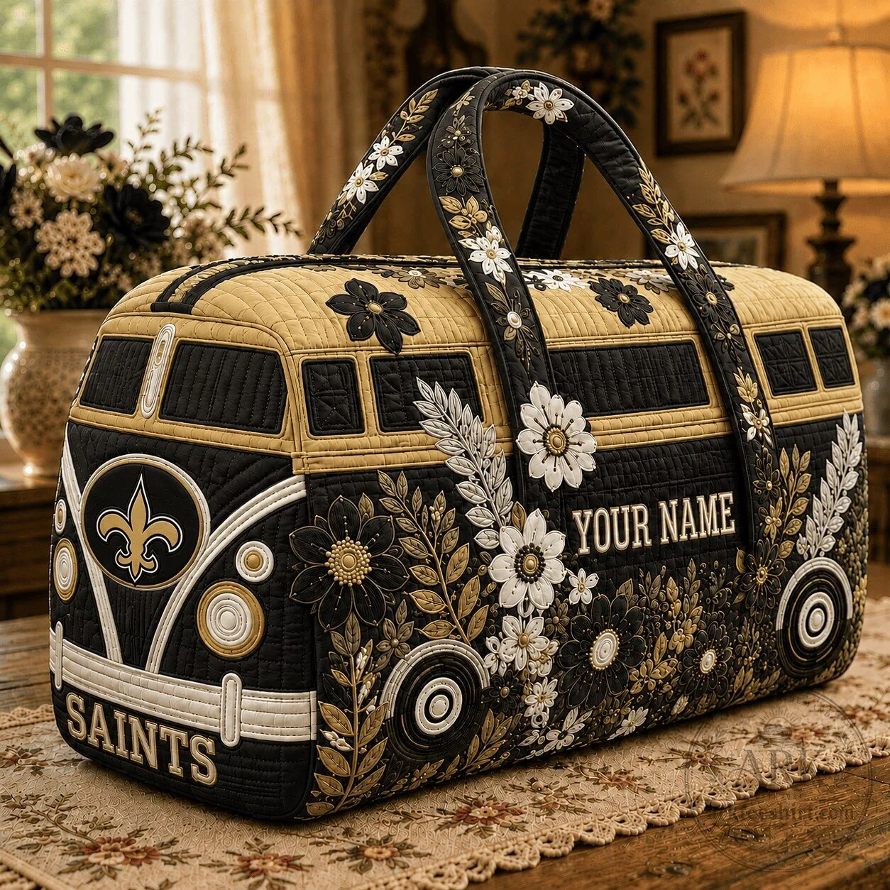 New Orleans Saints Floral Pattern Quilted Duffle Bag