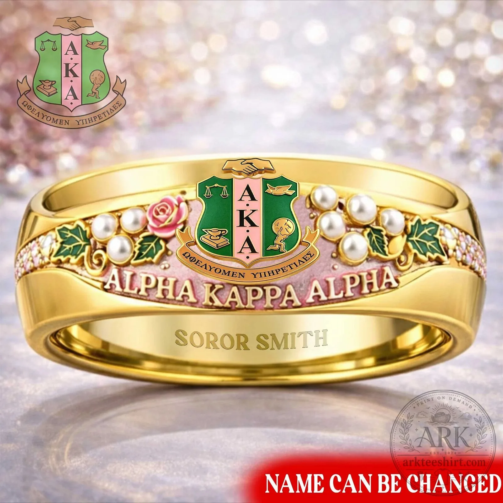 Alpha Kappa Alpha Sorority Incorporated Gold Plated Ring with Pearls and Roses