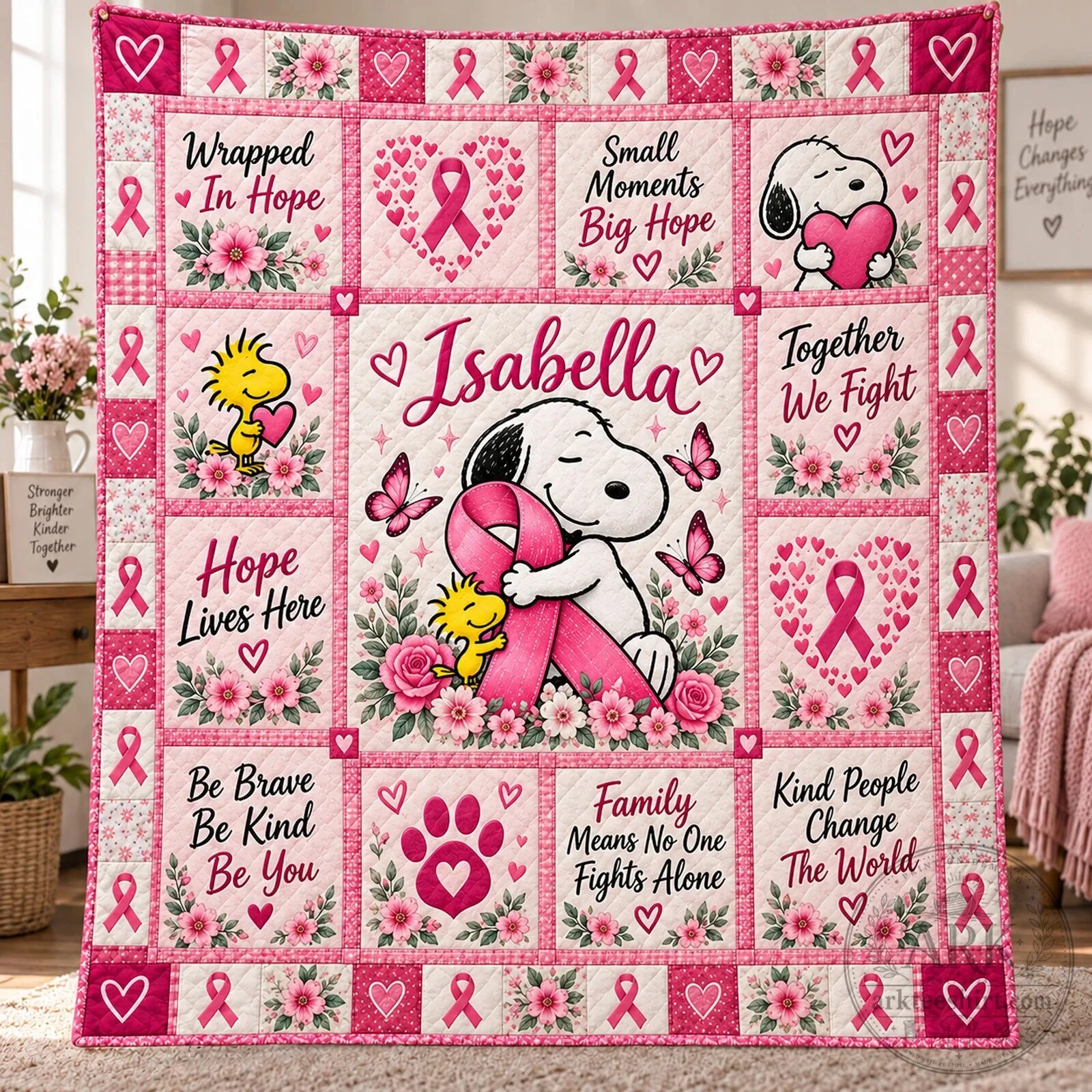 Personalized Snoopy Breast Cancer Awareness Hope Lives Here Pink Quilt