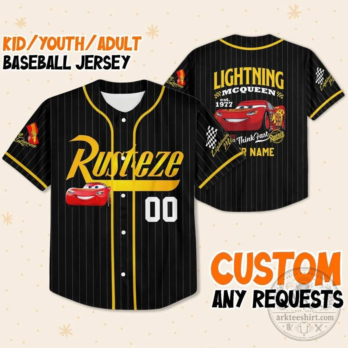 Lightning McQueen Rusteze Disney Pixar Cars Baseball Jersey