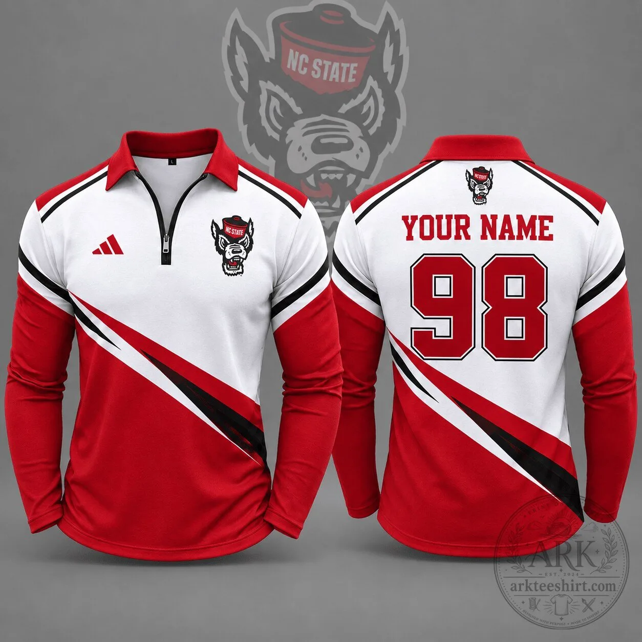 North Carolina State Wolfpack Personalized Red and White Quarter Zip Polo Shirt