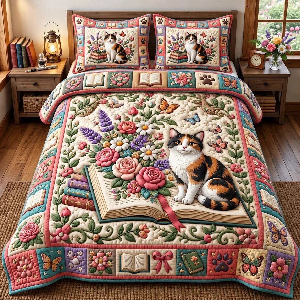 Bookish Calico Cat Floral Quilted Bedding Set with Pillow Shams