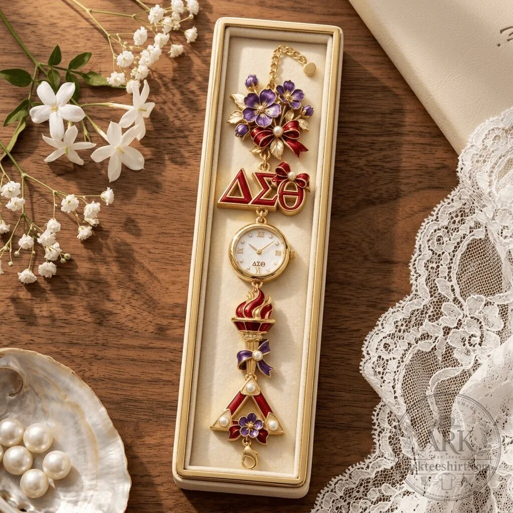 Delta Sigma Theta Sorority Red and Gold Charm Bracelet Watch with Flowers