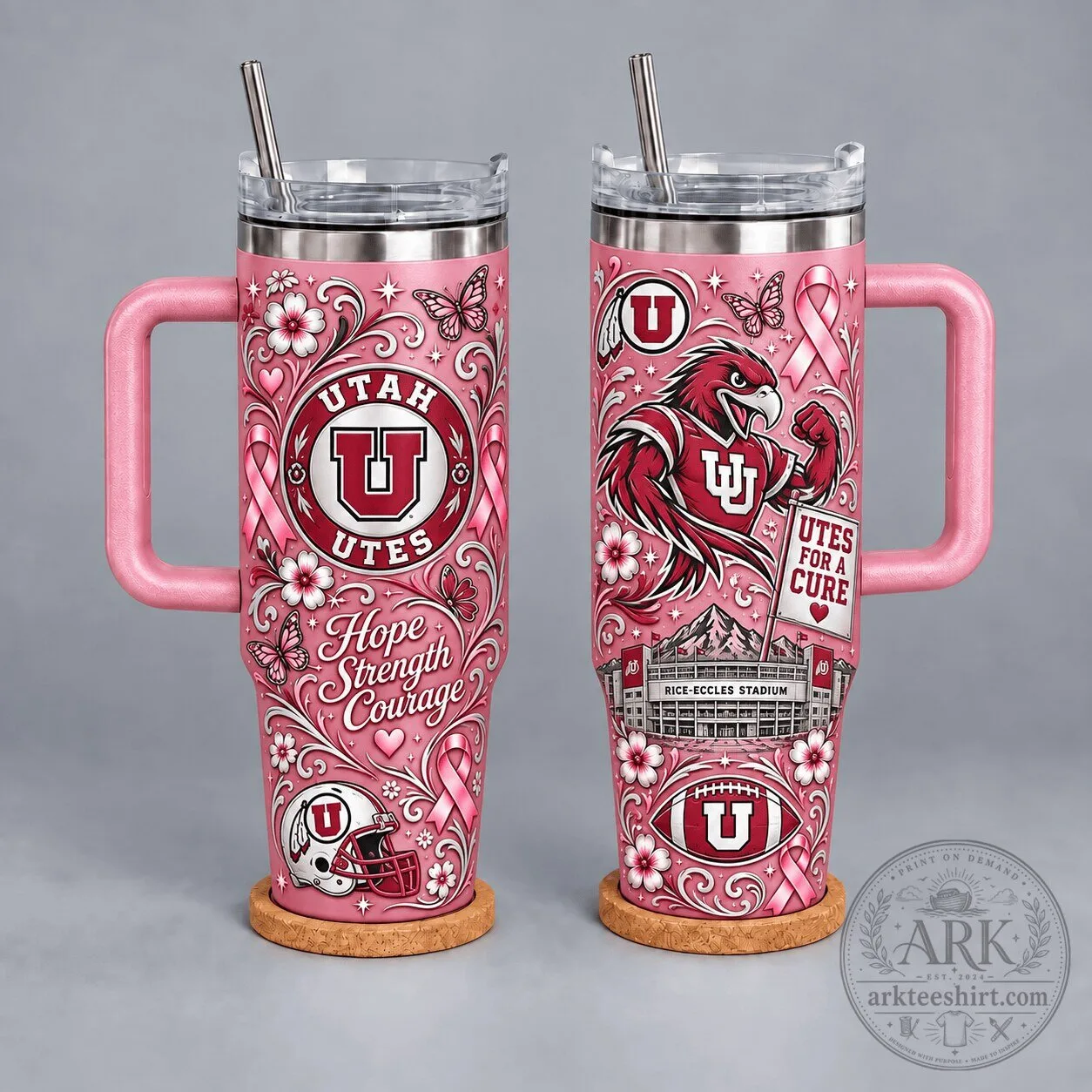 Utah Utes Breast Cancer Awareness Hope Strength Courage Tumbler with Handle