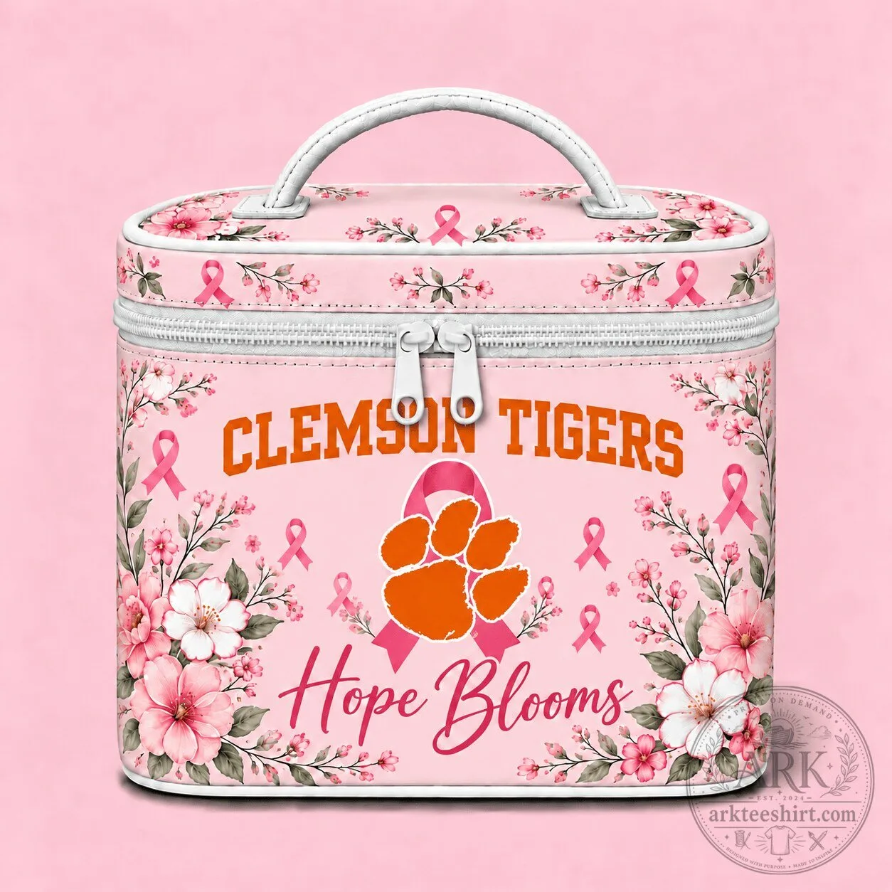 Clemson Tigers Breast Cancer Awareness Hope Blooms Cosmetic Bag