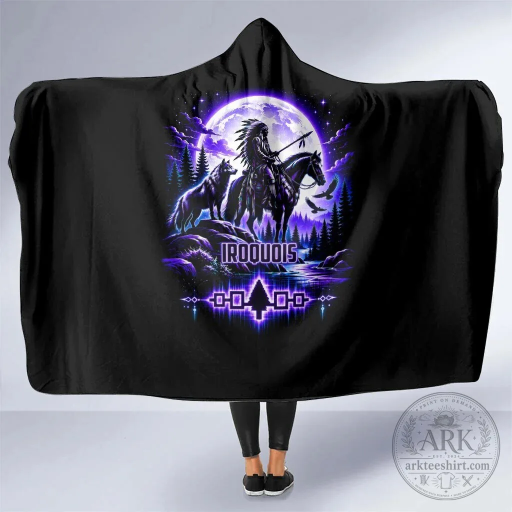 Iroquois Native American Warrior Wolf Moon Hooded Blanket