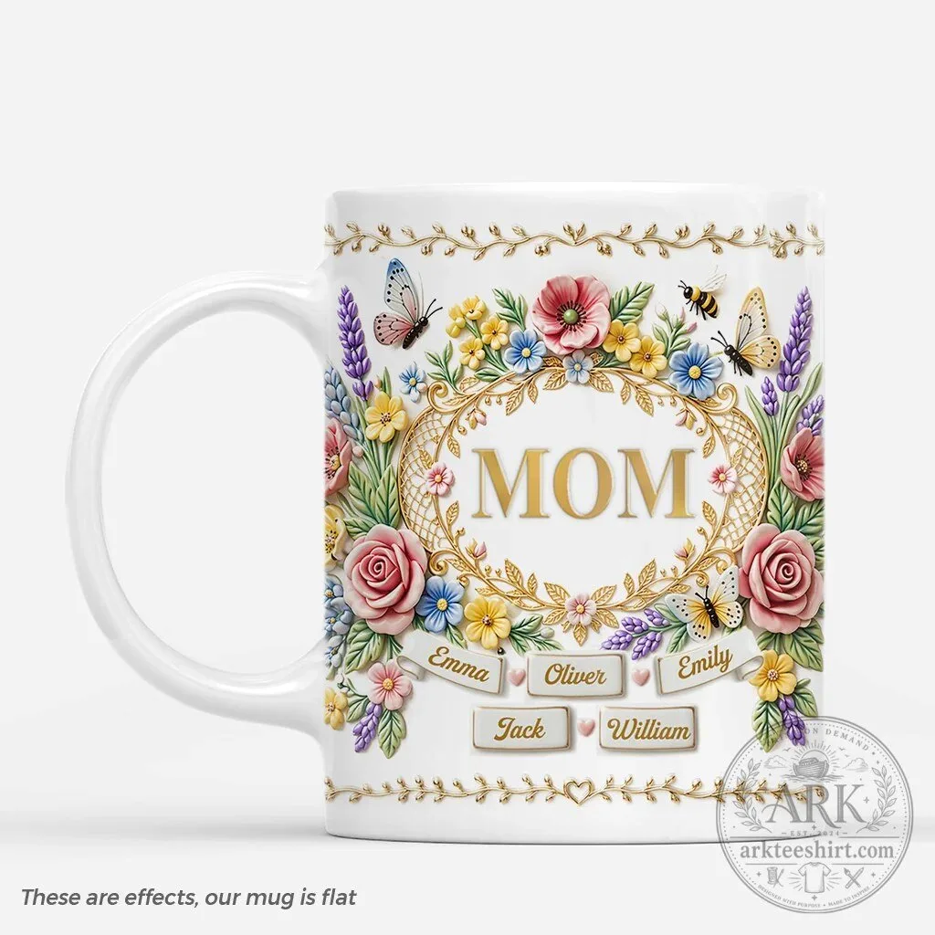 Personalized Mom Floral Frame with Kids Names White Ceramic Coffee Mug