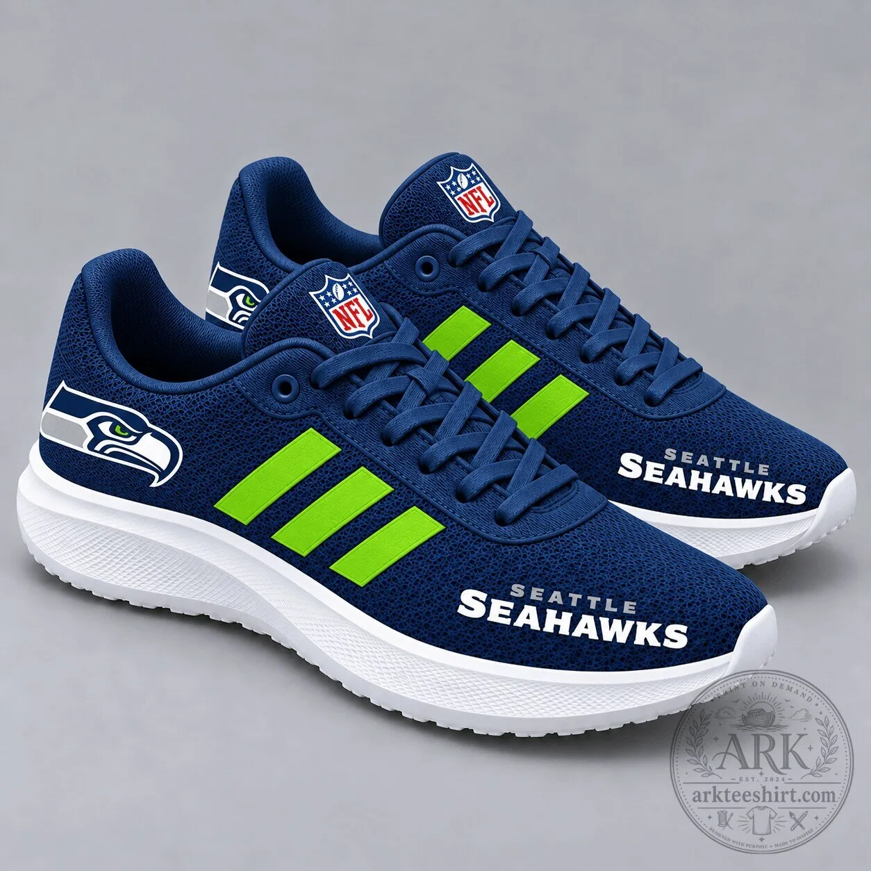 Seattle Seahawks NFL Football Team Logo Blue and Green Striped Sneakers