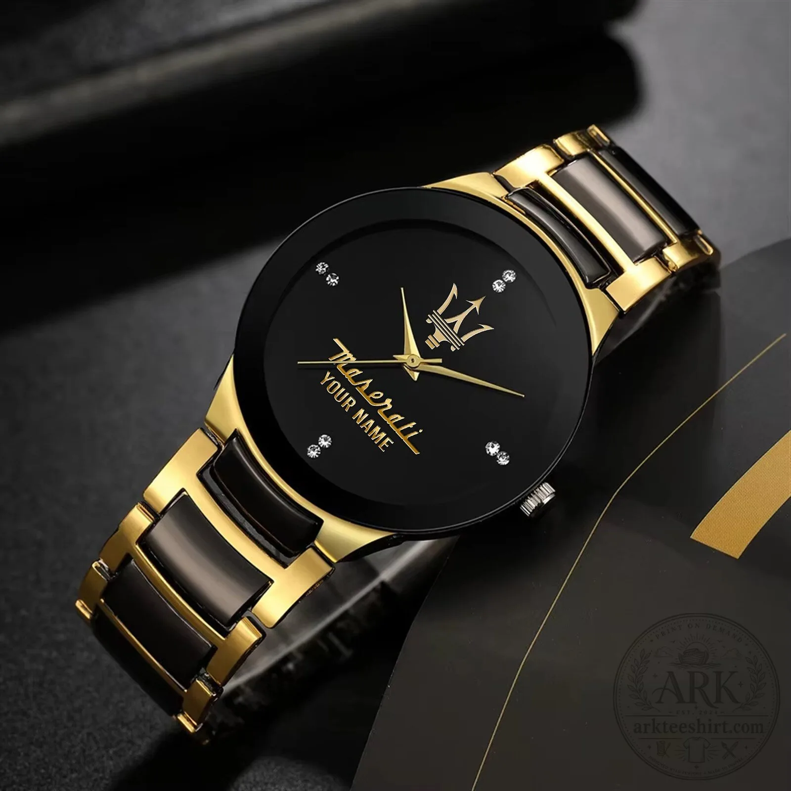 Maserati Trident Logo Custom Name Gold Black Quartz Watch for Men