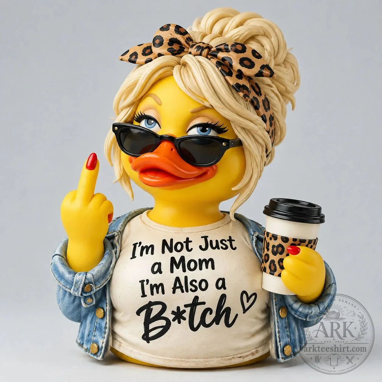 Funny Mom Rubber Duck Figurine with Leopard Print Headband and Coffee Cup